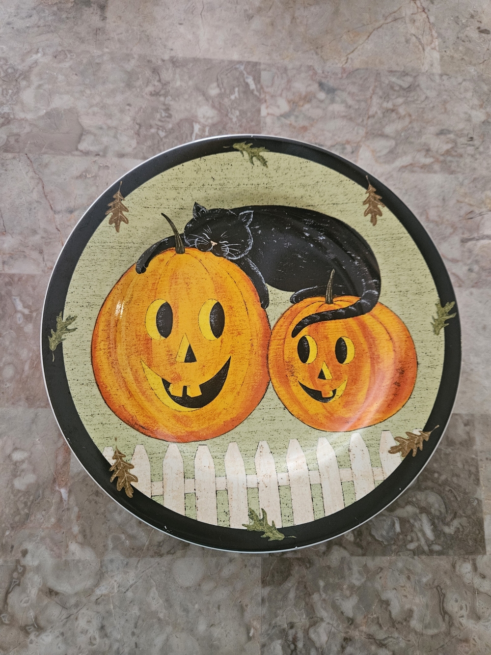 Whimsical Halloween Pumpkin Plate with Black Cat